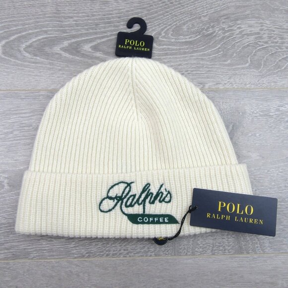 Polo Ralph Lauren Ralph’s Coffee Wool-Blend Cream Beanie Cap One Size NEW - Picture 2 of 12